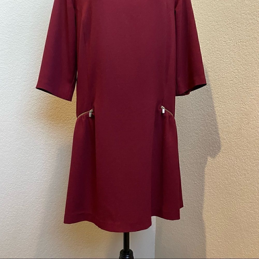 promod Burgundy Drop Waist Mini Dress with Faux Pockets and 3/4 Sleeves EU 38 - Picture 7 of 15